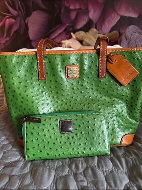 Dooney & Bourke Green Ostrich-Embossed Tote with Brown Trim and Matching Wallet